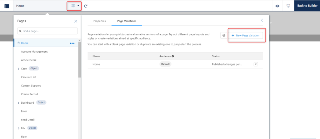 salesforce  - page variation creation